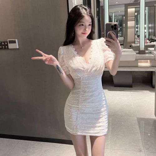 Real shooting sexy V-neck low cut lace short sleeved Hip Wrap Dress