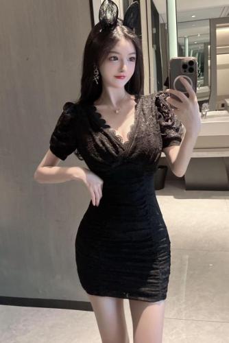 Real shooting sexy V-neck low cut lace short sleeved Hip Wrap Dress