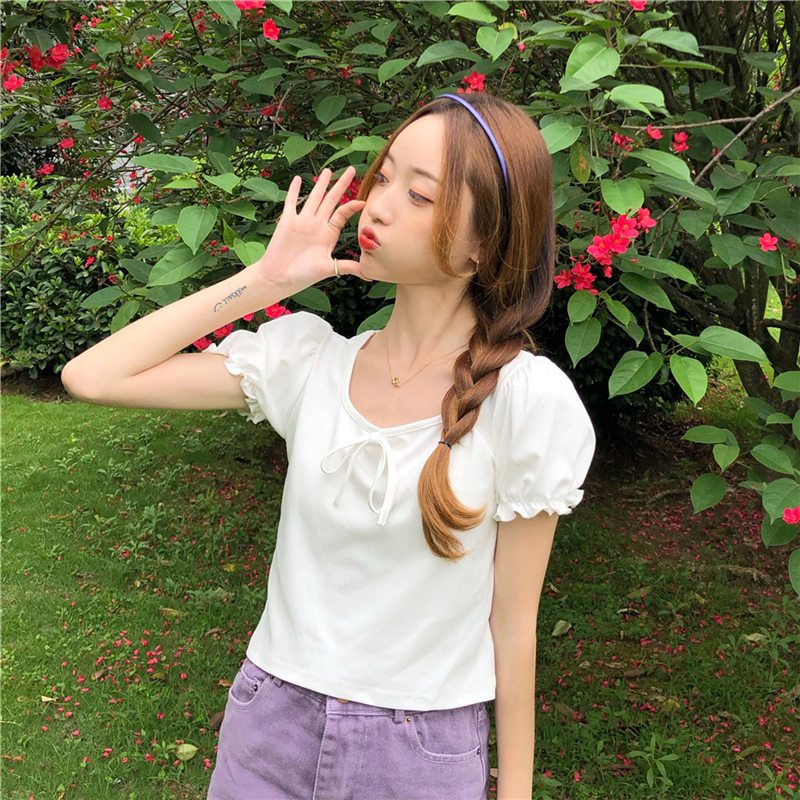Real price 95% cotton 5% spandex T-shirt women ins super hot summer bubble sleeve short women's top