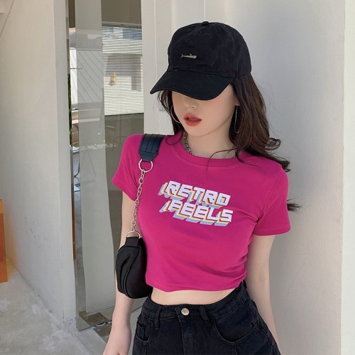Summer 2022 new pure sweet Spice Girl letter printed short sleeve T-shirt women's sweet cool sexy high waist short style