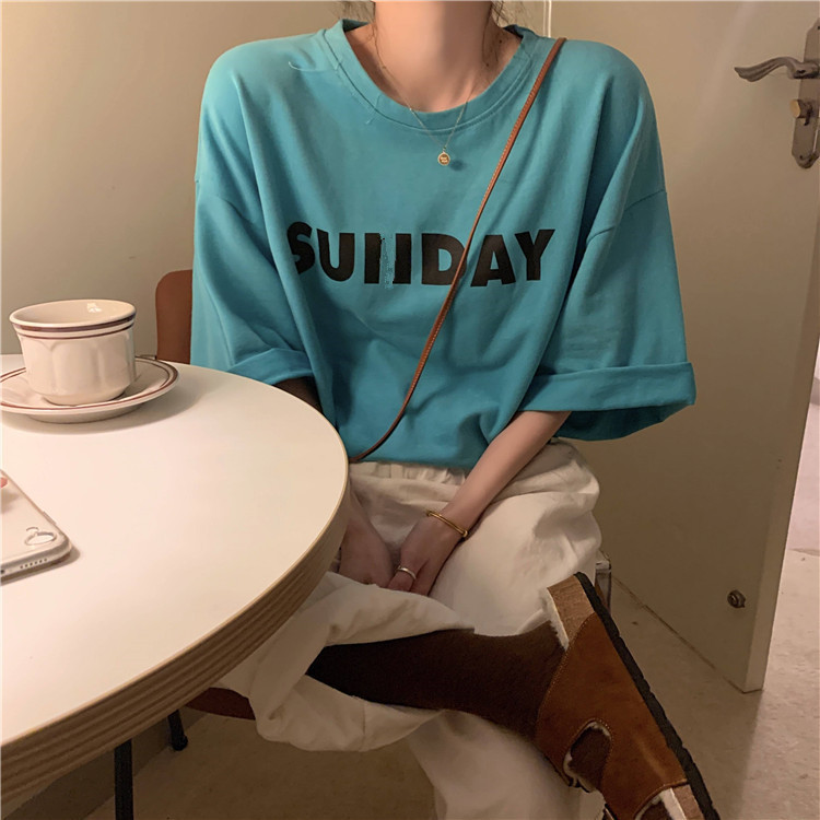 Summer short sleeved T-Shirt Top Women's foreign style new Korean version loose and versatile letter inside