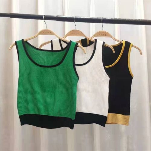 Spring and summer green vest small suspender women's careful machine design backless short coat sweet and spicy style knitted sleeveless inner match