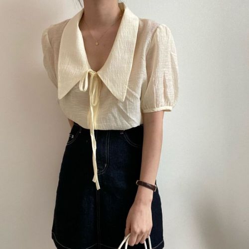 Size updated chic design sense Lapel lace up bubble sleeve shirt feminine simple short shirt