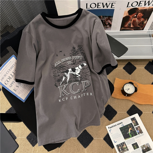 Real shot 65 cotton Raglan back lapel vintage American dog print contrast short sleeve T-shirt women