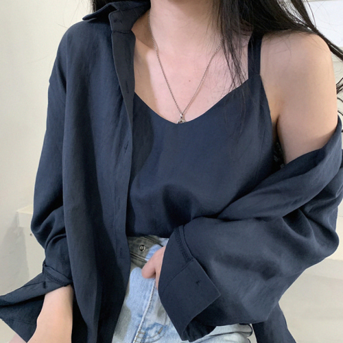 Korean chic women's Retro simple solid color Lapel shirt + suspender two-piece set