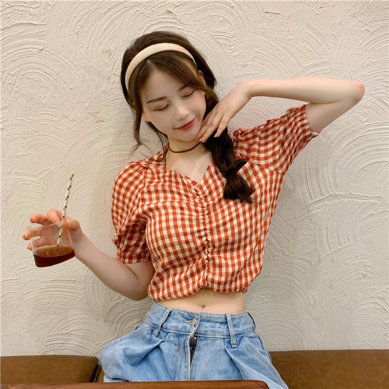 Real price fiber Plaid Shirt women's design sense of minority fold short sleeve T-shirt women