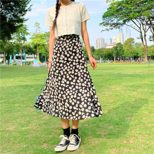 Real price fiber with inner lining + zipper small daisy skirt women's A-line skirt