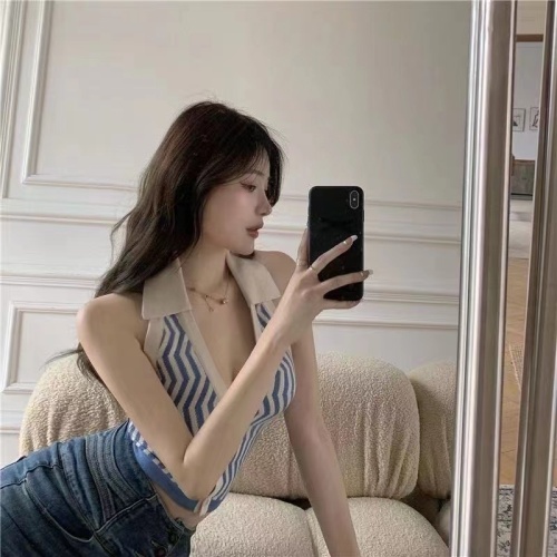 European and American suspender vest stripe hanging neck open back sexy knitted bottomed shirt women's summer short outer and inner top