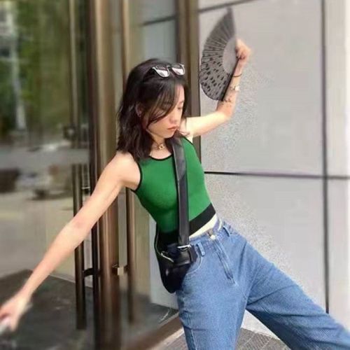 Spring and summer green vest small suspender women's careful machine design backless short coat sweet and spicy style knitted sleeveless inner match