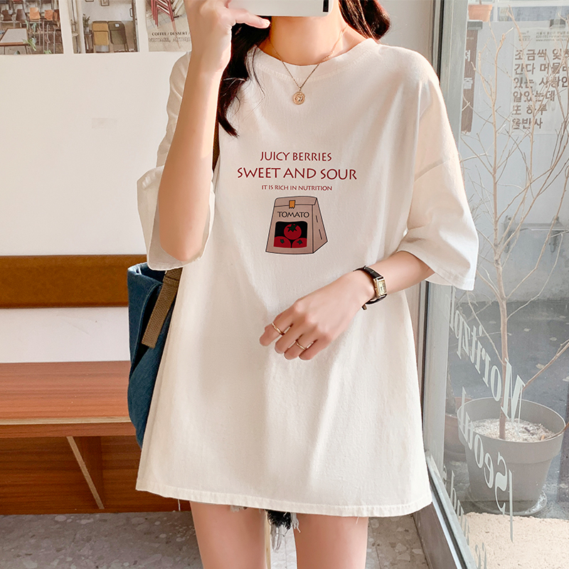 Real shooting and real price 2022 new short sleeved T-shirt women's medium and long summer design sense of minority printed half sleeved top