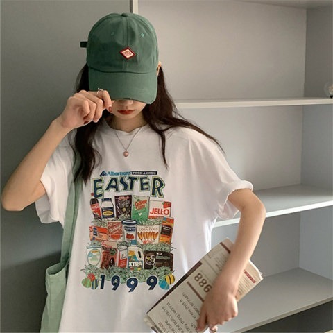 2022 summer new port style white printed short sleeve T-shirt loose and thin round neck thin bottomed shirt women's top