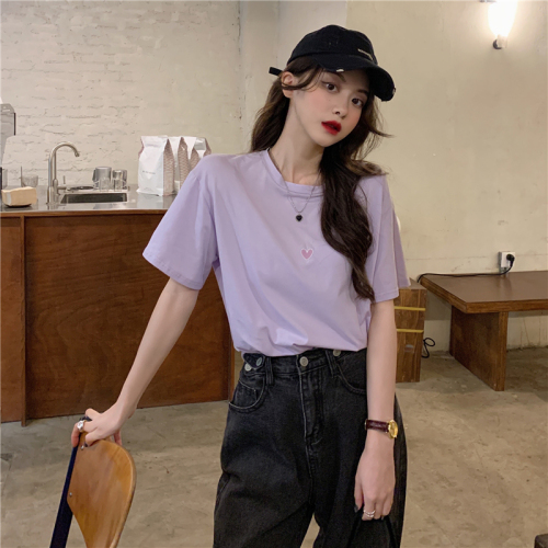 Real price cotton summer new love embroidery loose T-shirt women's casual trend