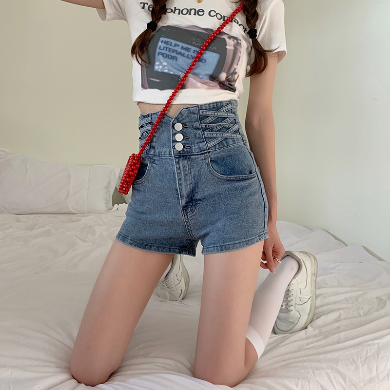 Real price super high waist Spice Girl elastic thin denim shorts women's versatile retro thin hot pants trend