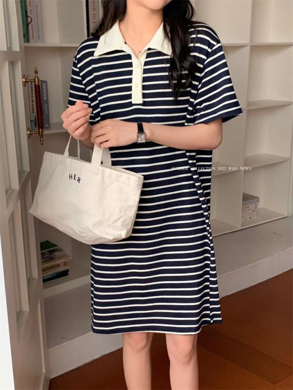 Real shot Korean polo collar black and white stripe dress 2022 summer new Korean simple casual skirt