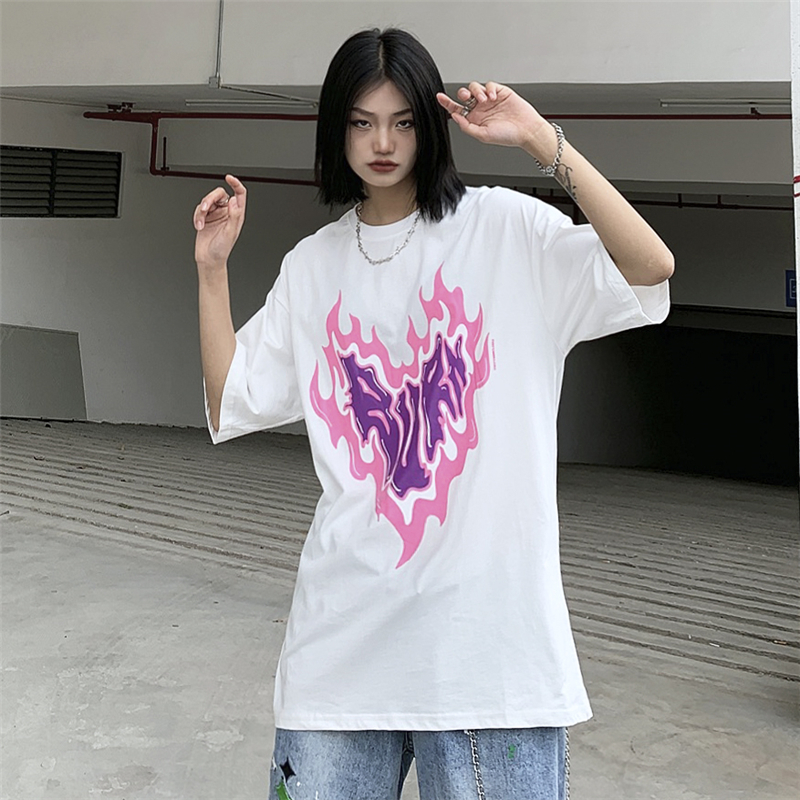 New Korean version high street burning love printed short sleeve T-shirt women's fashion brand ins versatile bottomed Shirt Top