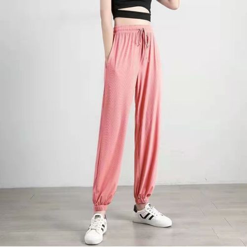 Ice silk sports pants women's summer thin casual pants high waist mosquito proof lantern pants nine point loose wide leg cool pants