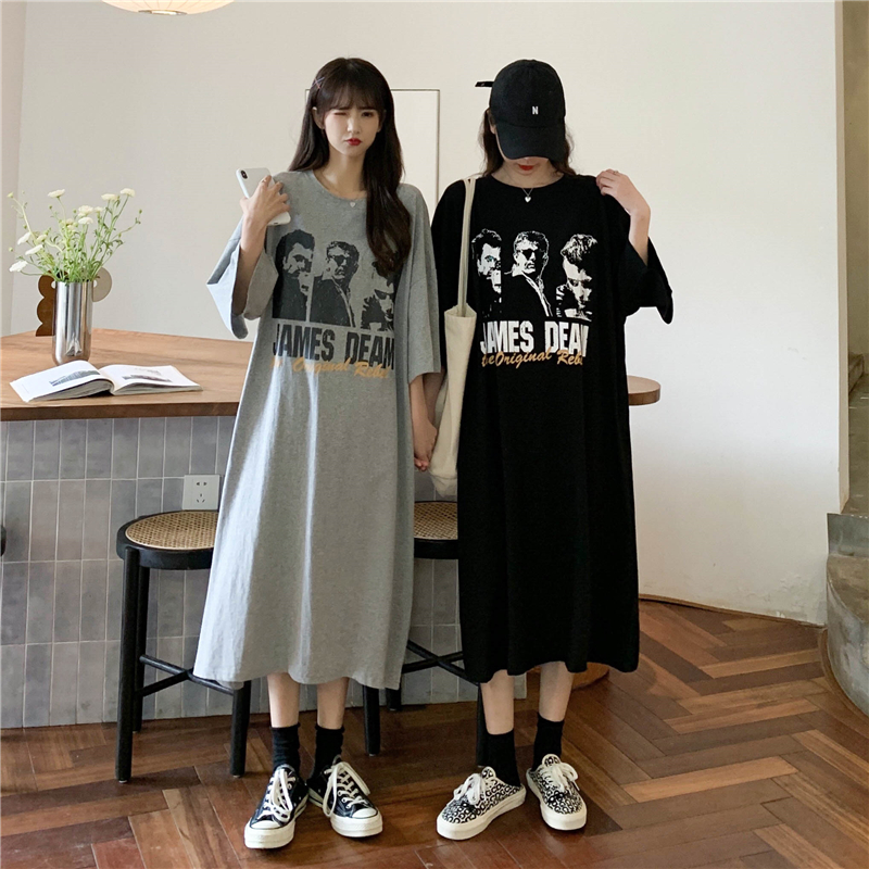 Real shooting of new summer knee length dress short sleeved T-shirt women