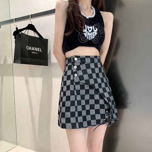 Real shooting real price 2022 summer new design sense of minority checkerboard lace up high waist denim skirt women