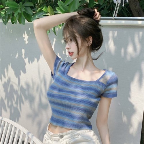 Official figure Imitation cotton rib 60 short polyester 32 polyester 7 spandex pure desire wind stripe knitted T-shirt for women in summer