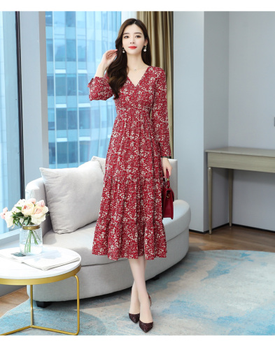 Chiffon V-neck floral dress new style early autumn Vintage long sleeve waistband slim women's bottomed skirt