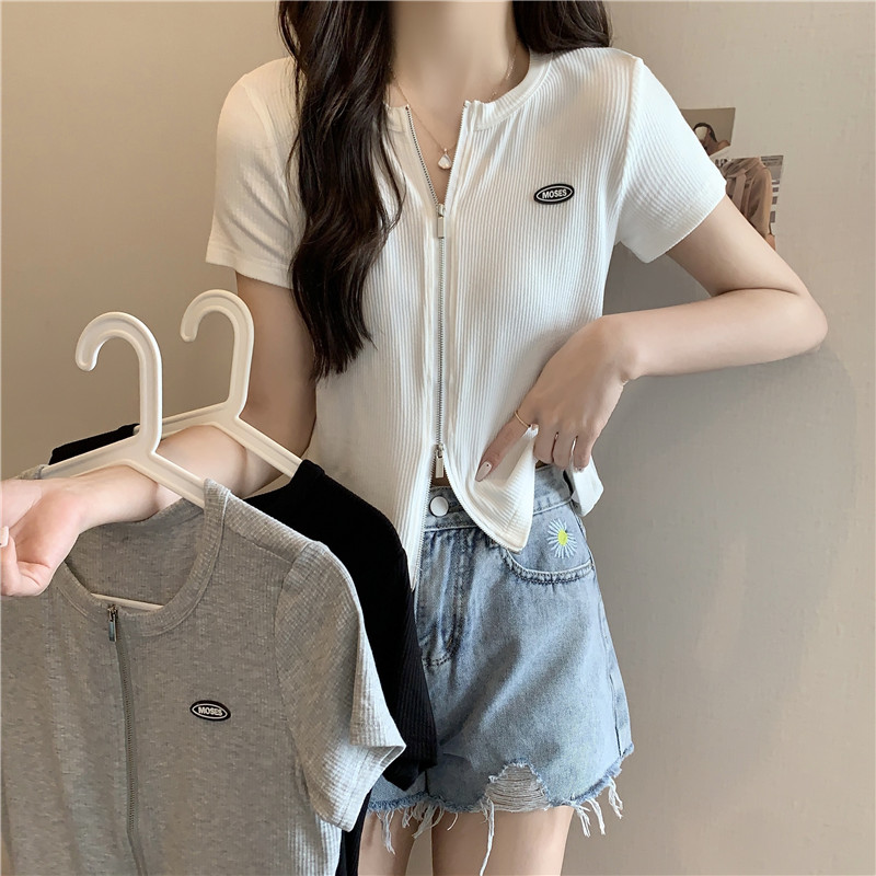 Real shot Cotton Rib short sleeve T-shirt women's cardigan zipper short top