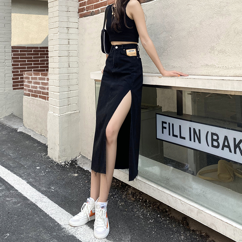 Side slit denim skirt women's summer 2022 new high waist medium length style, thin and loose