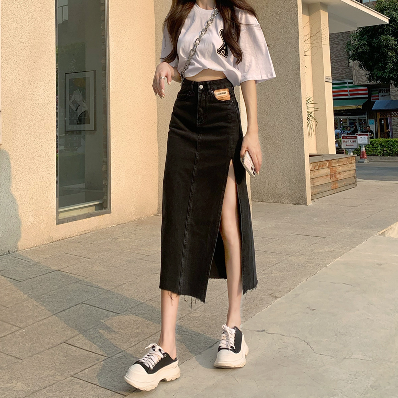 High waist split denim skirt women's summer 2021 new slim a-bag hip mid length skirt 2022 spring dress
