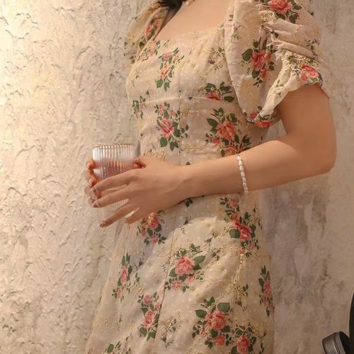  new long skirt tea break French design sense of minority collar bubble sleeve floral dress children's summer