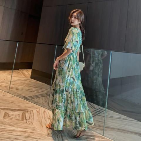 Avocado Green Dress summer  new female Floral Chiffon Long Skirt V-neck high waist covering belly thin skirt Fairy