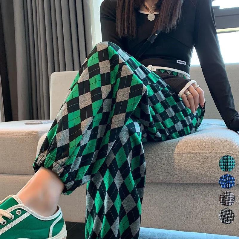 Diamond Vintage plaid pants women's spring and autumn loose straight tube leisure cotton Harlan small drawstring Leggings