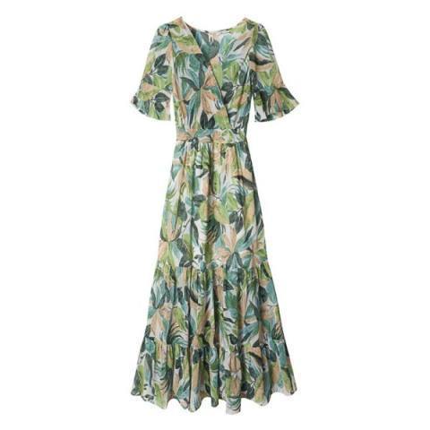 Avocado Green Dress summer  new female Floral Chiffon Long Skirt V-neck high waist covering belly thin skirt Fairy