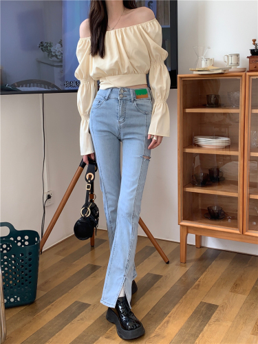 Real shooting and real price Korean version of new high waist elastic micro pull slit is thin and cut into versatile jeans