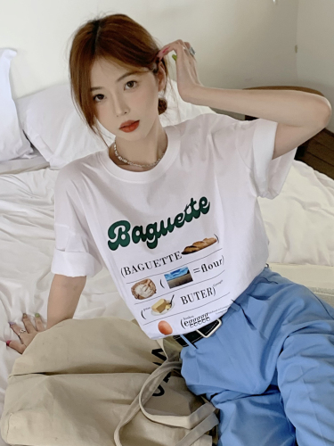 Real photo of Korean dongdamen croissant printed T-shirt versatile loose short sleeve top t-shirt female