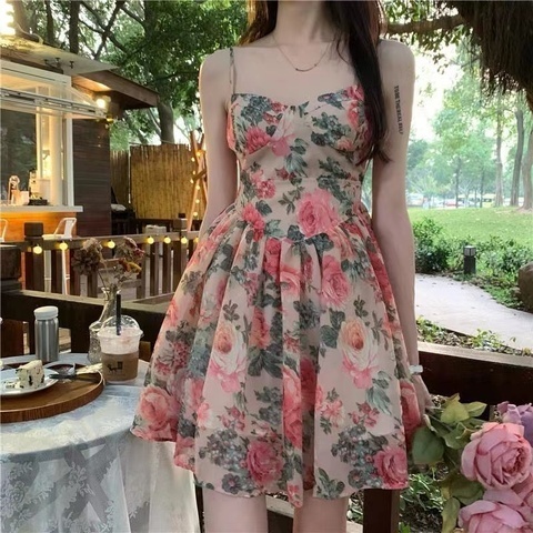 High waist slim floral suspender dress fairy spring and summer French small new A-line short skirt