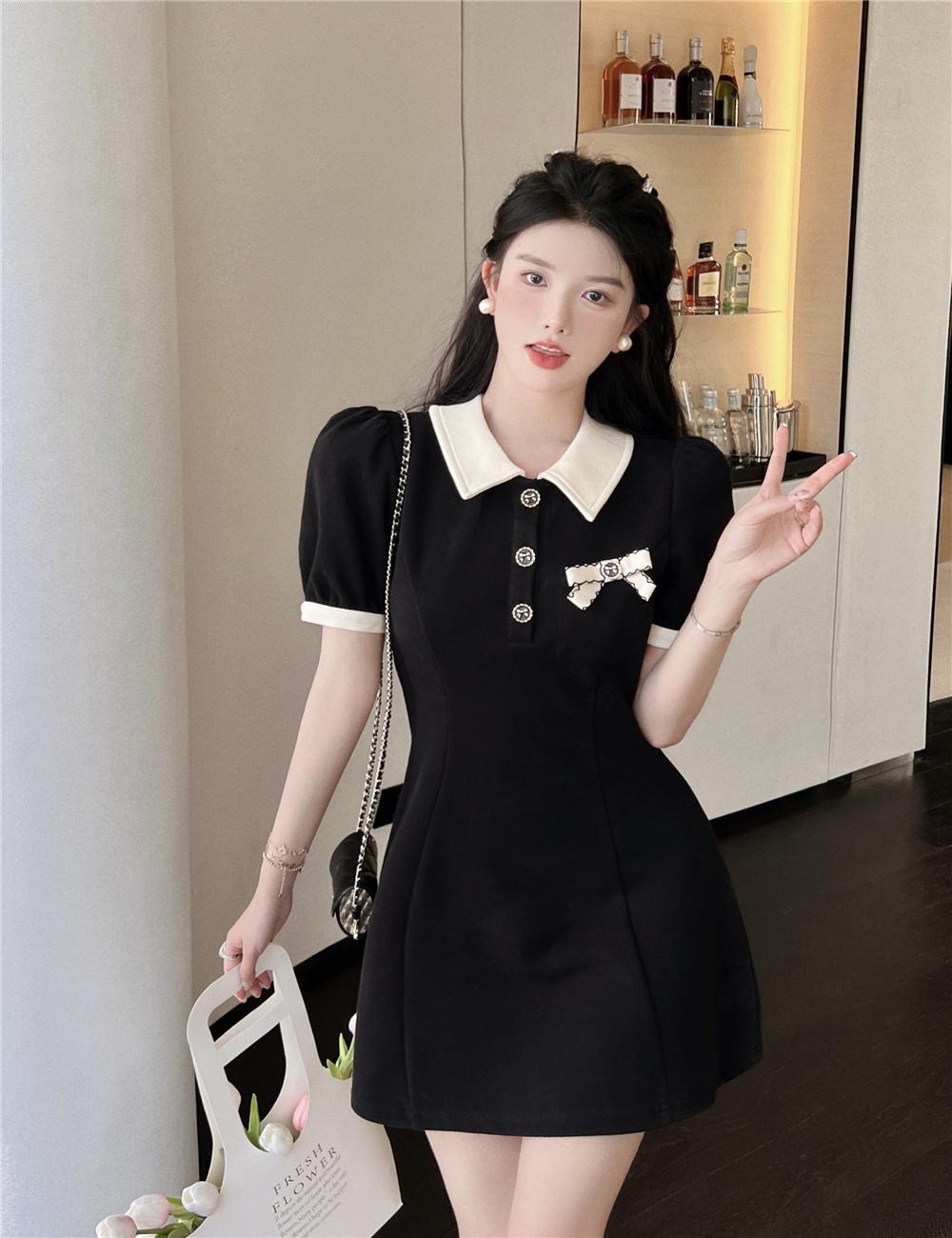 Real shooting summer bubble sleeve polo collar dress small woman thin bow small fragrance skirt