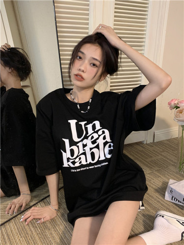 Real price 2022 new loose and versatile letter printed foreign style short sleeved T-shirt women's round neck top