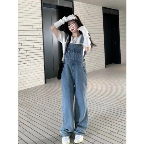 Aging ceiling small skinny denim suspenders women new loose straight one-piece jeans in summer women