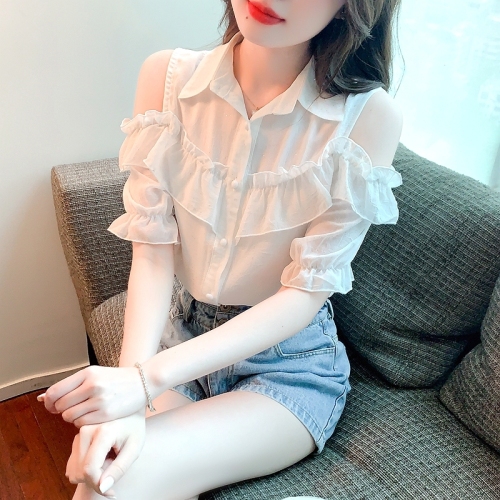 Chiffon women's clothes 2022 new summer clothes high-end fashion short sleeved off shoulder shirt women's foreign style small shirt