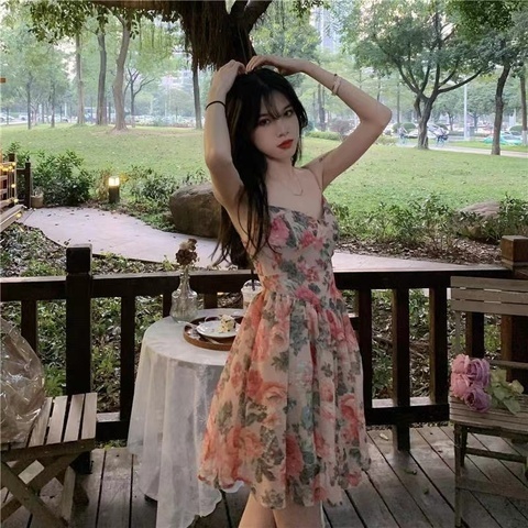 High waist slim floral suspender dress fairy spring and summer French small new A-line short skirt