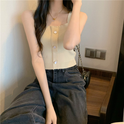 Real shot real price French small suspender vest women's interior with summer design sense short leaky belly button sleeveless Knitted Top