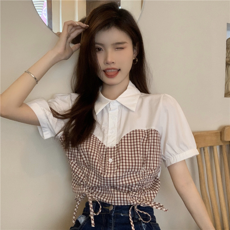 Real shooting and real price Korean design sense lattice splicing fake two shirts short drawstring folding top
