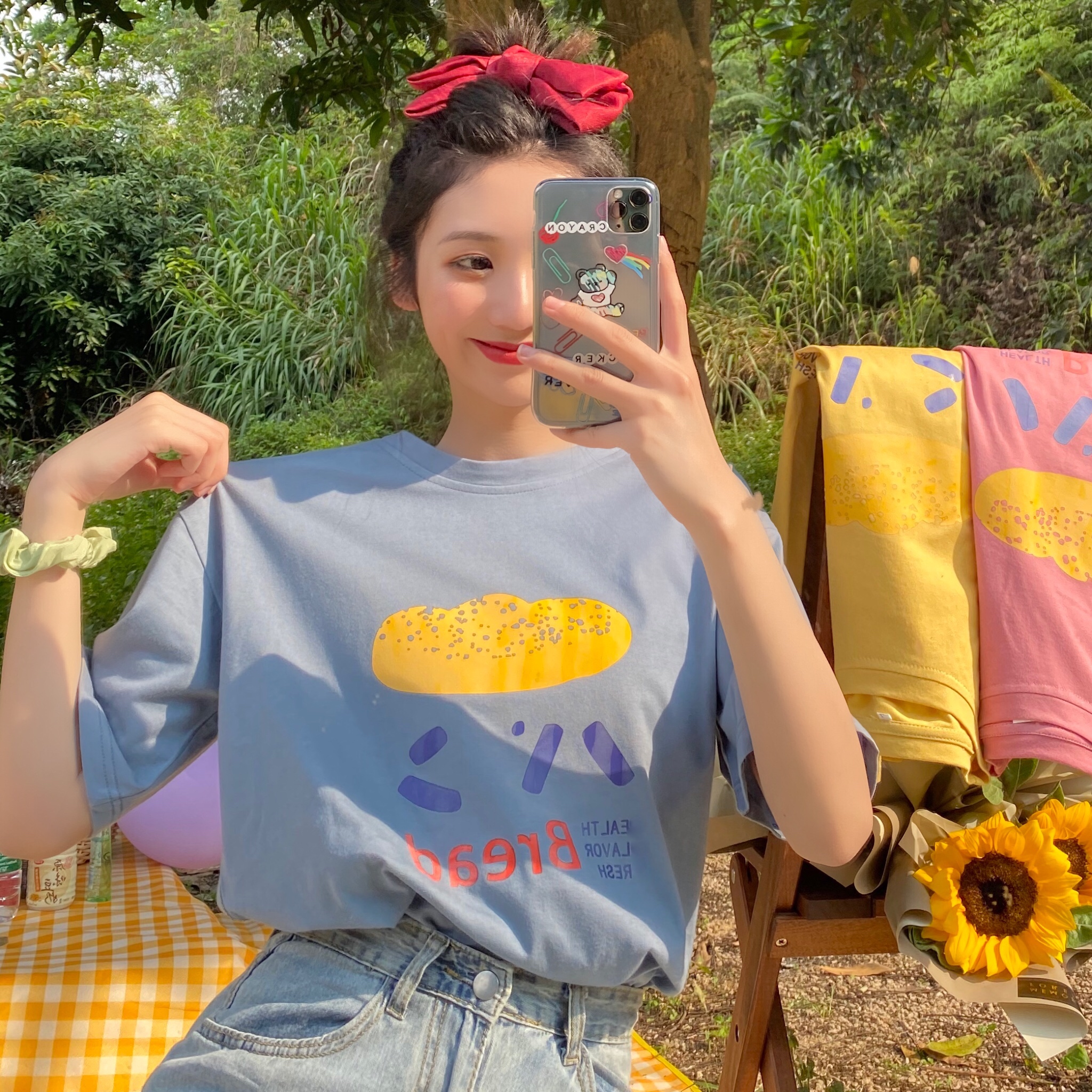 Real shot Korean loose medium length printed short sleeved net red top of the same style is fashionable