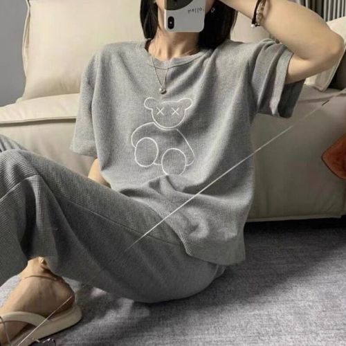 Spring and summer new short sleeved waffle love binding feet to show thin Korean suit home clothes