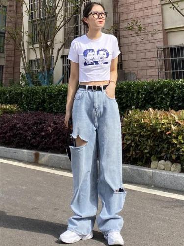 Spring and summer wide leg pants high waist straight tube loose casual dad pants Vintage Port style ins versatile pierced jeans women