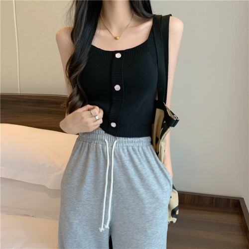 Real shot real price French small suspender vest women's interior with summer design sense short leaky belly button sleeveless Knitted Top