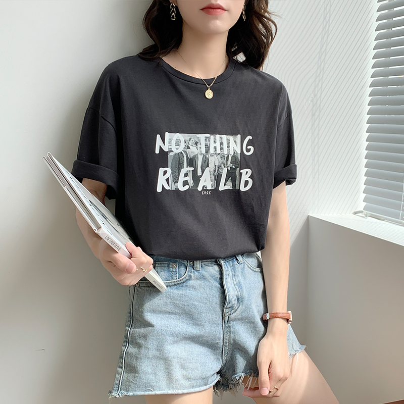 Real price gray short sleeve T-shirt women's summer 2022 new American retro printed half sleeve T-shirt jacket
