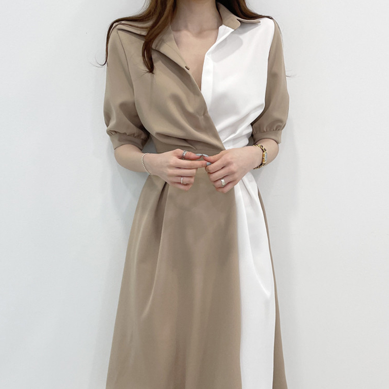 Korean chicc summer French minority Lapel design sense of contrast color stitching one grain buckle waist Short Sleeve Dress