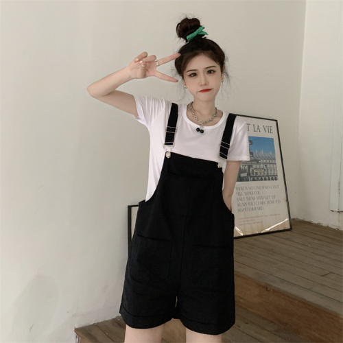 Real price ~ suspender pants Female Minority loose Korean version retro Cute Japanese small pants send solid color T-shirt