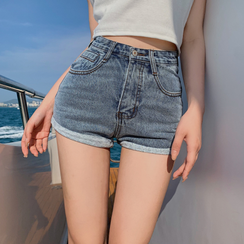 Real price Hong Kong style retro simple versatile high waist denim shorts show slim fit hot pants women trend