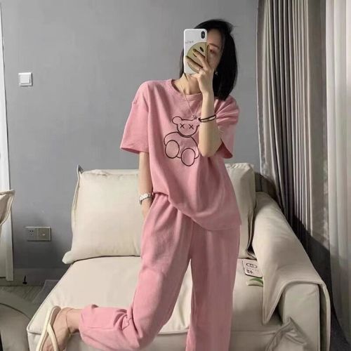 Spring and summer new short sleeved waffle love binding feet to show thin Korean suit home clothes
